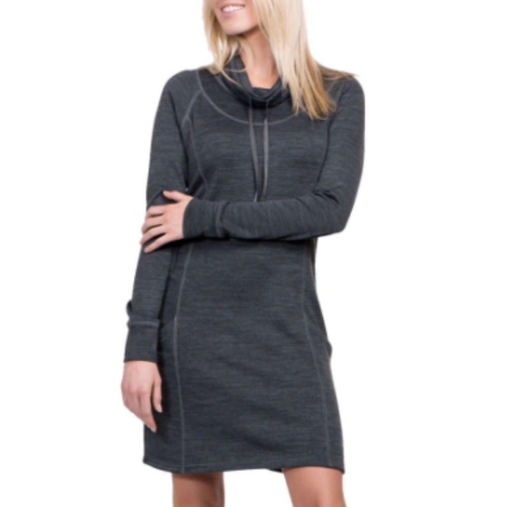 Long Sleeve Charcoal Knit Cowl Neck Dress